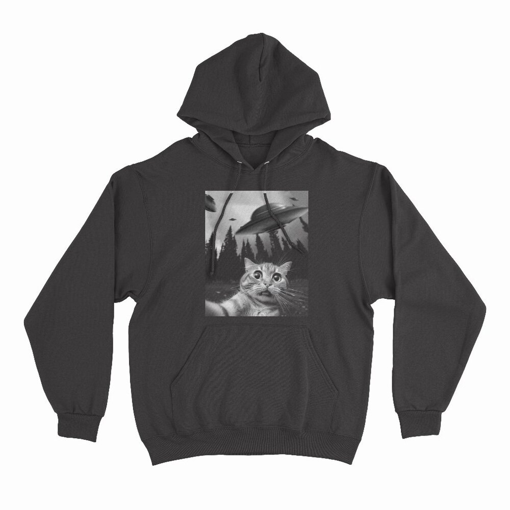 Funny Cat Selfie with UFOs Black Hoodie